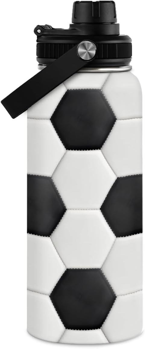 Soccer Water Bottle with Lid - 32oz Insulated Stainless Steel Sport Bottles - Gift for Men Soccer Player Fan Coach