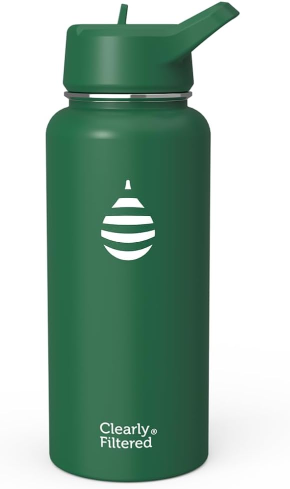 Clearly Filtered Water Bottle | Removes 220+ Contaminants, Double-Wall Insulated Stainless Steel, BPA/BPS Free, Phthalate Free, Filters Flouride Lead Chlorine (32oz, Evergreen)
