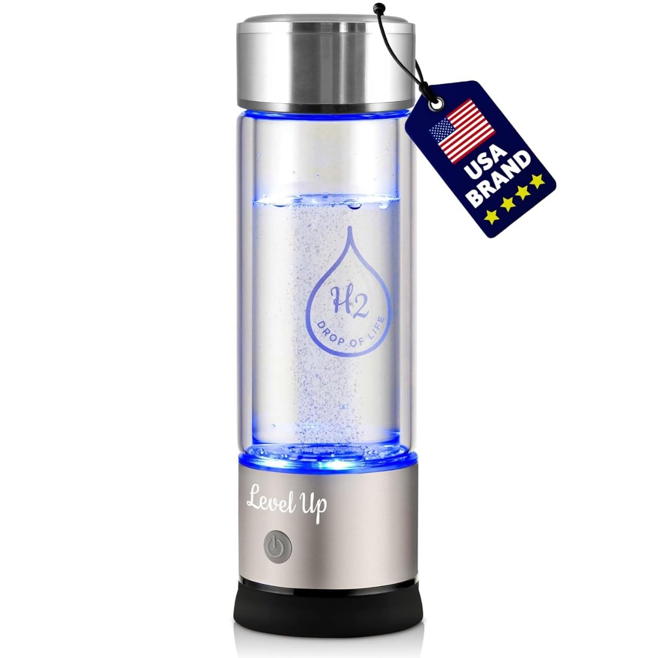 LevelUpWay - Hydrogen Water Bottle Up to 4000PPB SPE PEM Technology Water Ionizer (Borosilicate Glass, Silver)