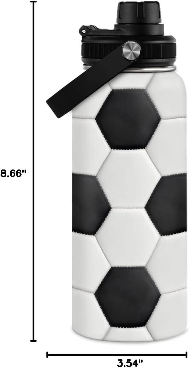 Soccer Water Bottle with Lid - 32oz Insulated Stainless Steel Sport Bottles - Gift for Men Soccer Player Fan Coach