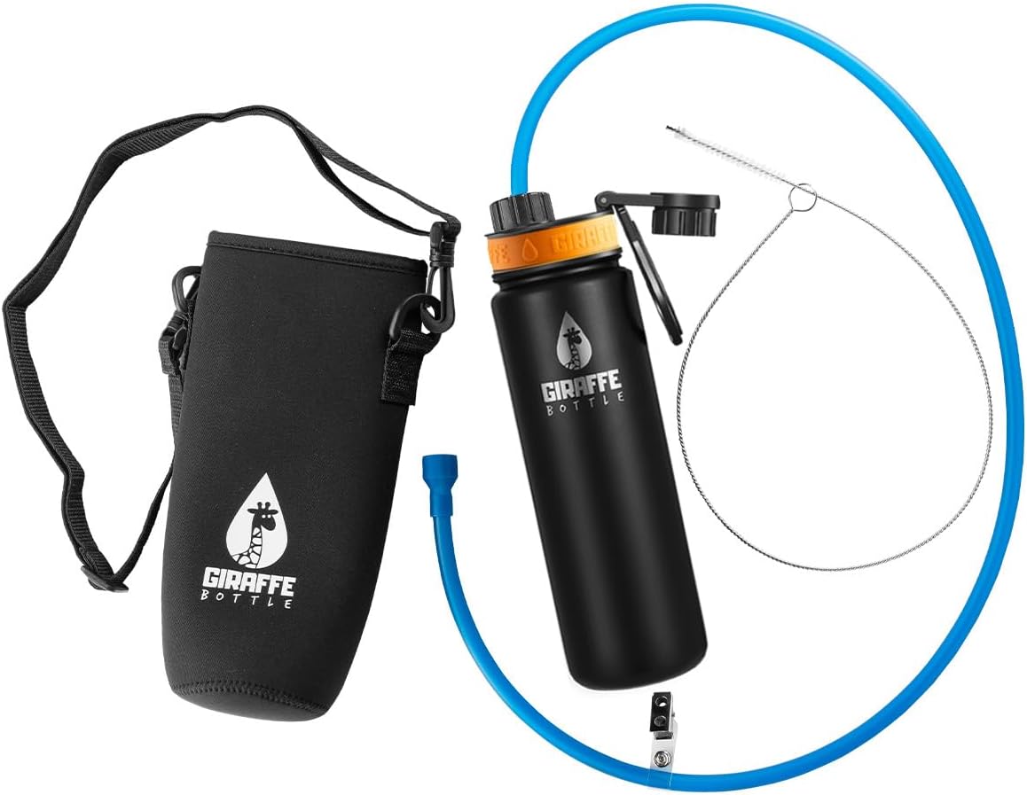 Giraffe Bottle Journey Hydration System, Insulated Stainless Steel Bottle, 36 inch / 91 cm Journey Straw, with Neoprene Bottle Carrier