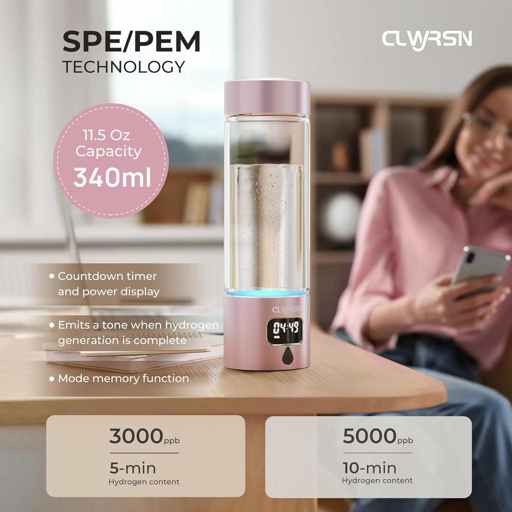 Hydrogen Water Bottle, Portable Glass Hydrogen Water Bottle Generator Machine — SPE/PEM Technology — Athletic Performance & Hydration System — for Gym, Sports, Travel & Outdoor, 11.5Oz (Pink)