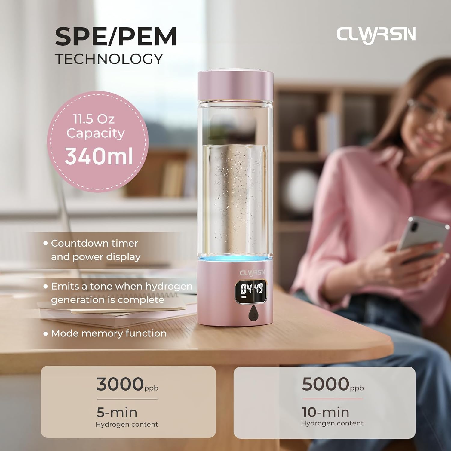 Hydrogen Water Bottle, Portable Glass Hydrogen Water Bottle Generator Machine — SPE/PEM Technology — Athletic Performance & Hydration System — for Gym, Sports, Travel & Outdoor, 11.5Oz (Pink)