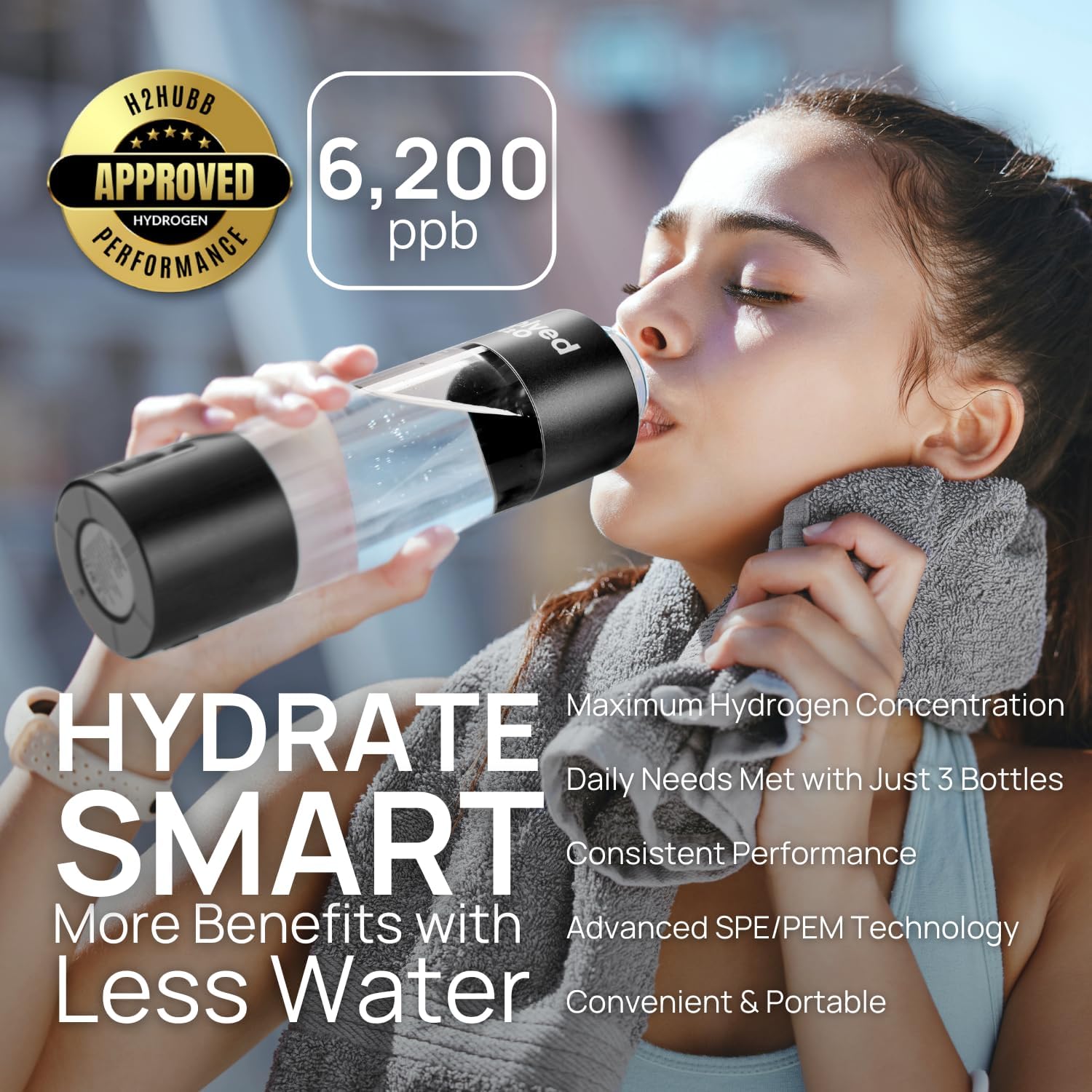 Certified Hydrogen Water Bottle Generator I 6200 PPB Portable Ionizer I SPE PEM Electrolysis I Rechargeable I BPA-Free I Enhance Hydration & Wellness I 270ml (Black)