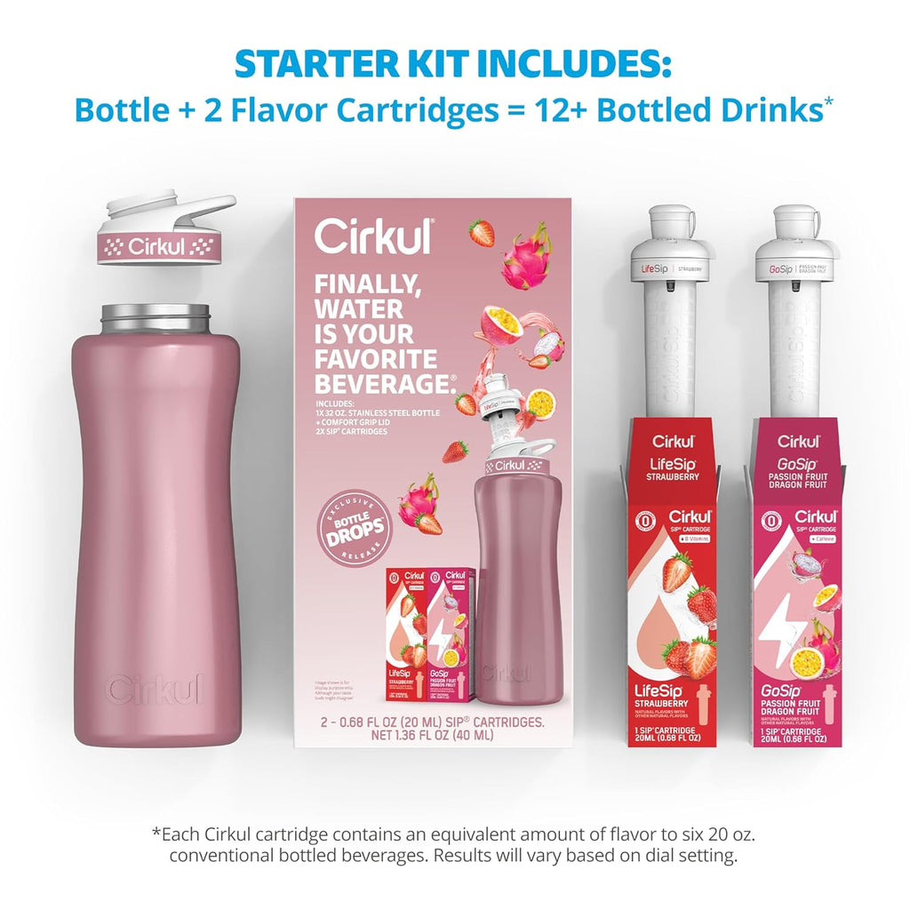 Cirkul 32oz. Rose Gold Stainless Steel Water Bottle Starter Kit with Rose Gold Lid and 2 Flavor Cartridges (1 LifeSip Strawberry, 1 GoSip Passion Fruit Dragon Fruit) No Sugar, Zero Calorie Drink Mix