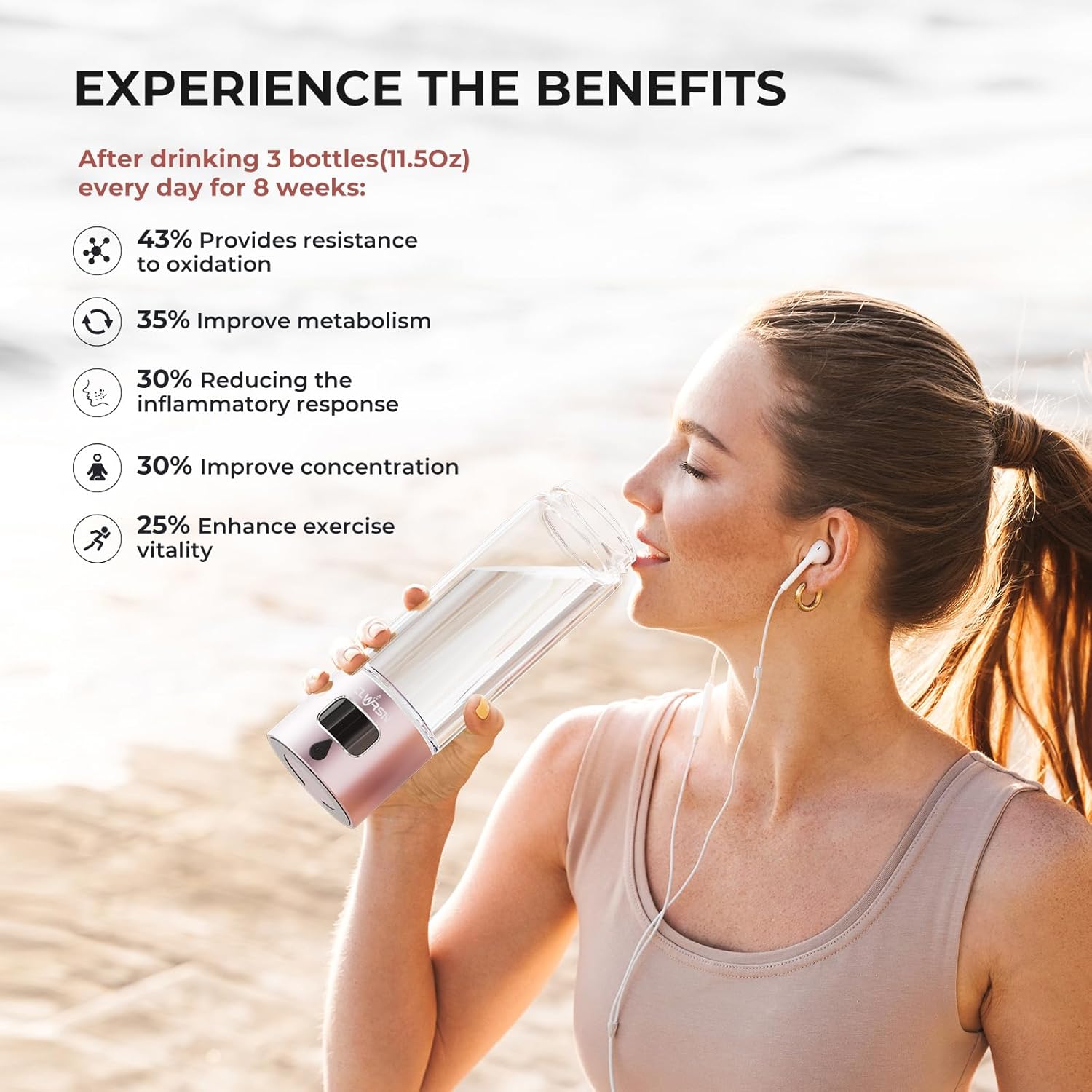 Hydrogen Water Bottle, Portable Glass Hydrogen Water Bottle Generator Machine — SPE/PEM Technology — Athletic Performance & Hydration System — for Gym, Sports, Travel & Outdoor, 11.5Oz (Pink)