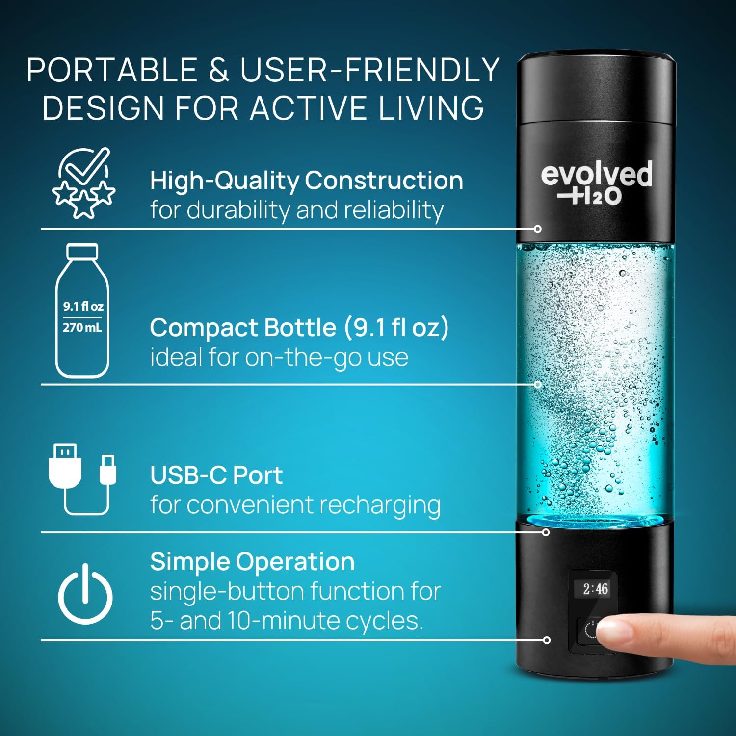 Certified Hydrogen Water Bottle Generator I 6200 PPB Portable Ionizer I SPE PEM Electrolysis I Rechargeable I BPA-Free I Enhance Hydration & Wellness I 270ml (Black)