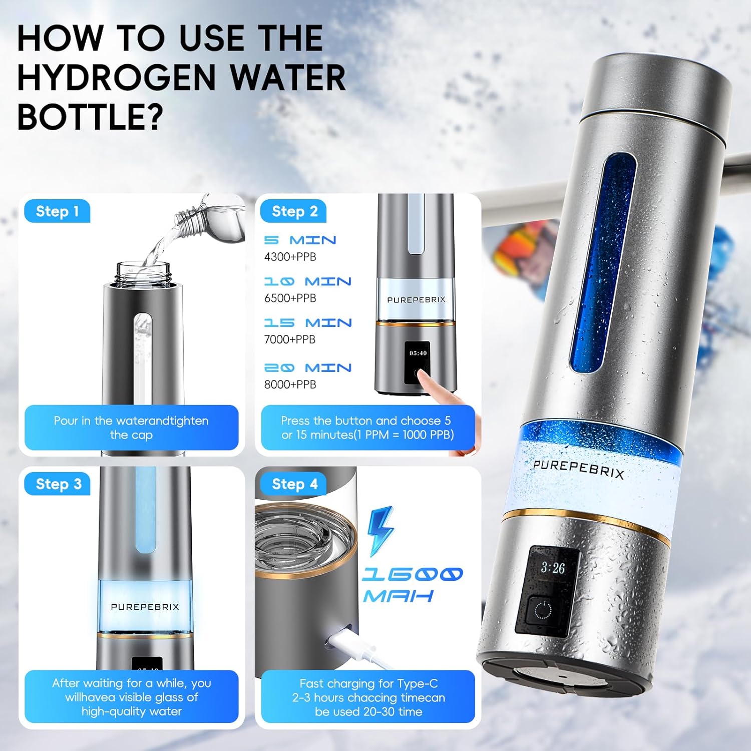 2025 Update Hydrogen Water Bottle Generator - Up to 8100 PPB | Certified H2 Generator-Portable Alkaline Water Pitcher | 3 Hydrogen Modes| Platinum-Iridium Catalyst | Healthy Gift