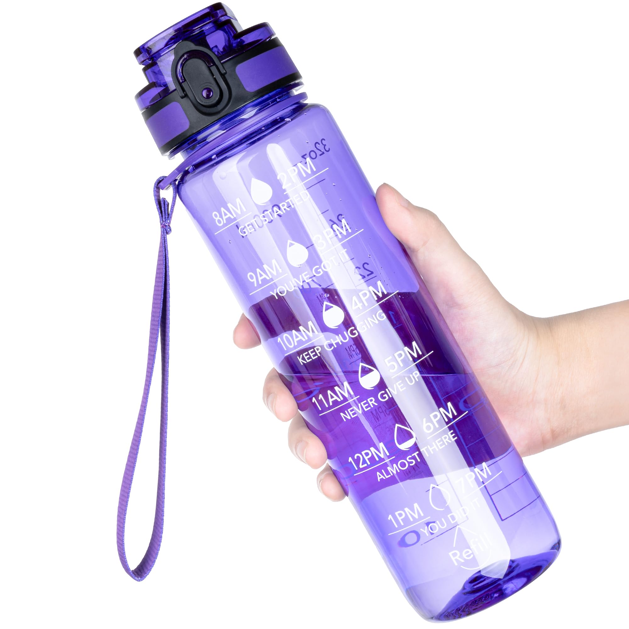OLDLEY Water Bottle, 32oz Motivational Sports Water Bottle with Time Marker - Times to Drink - Tritan, BPA Free, Wide Mouth Leakproof, Clear (1 Bottle)