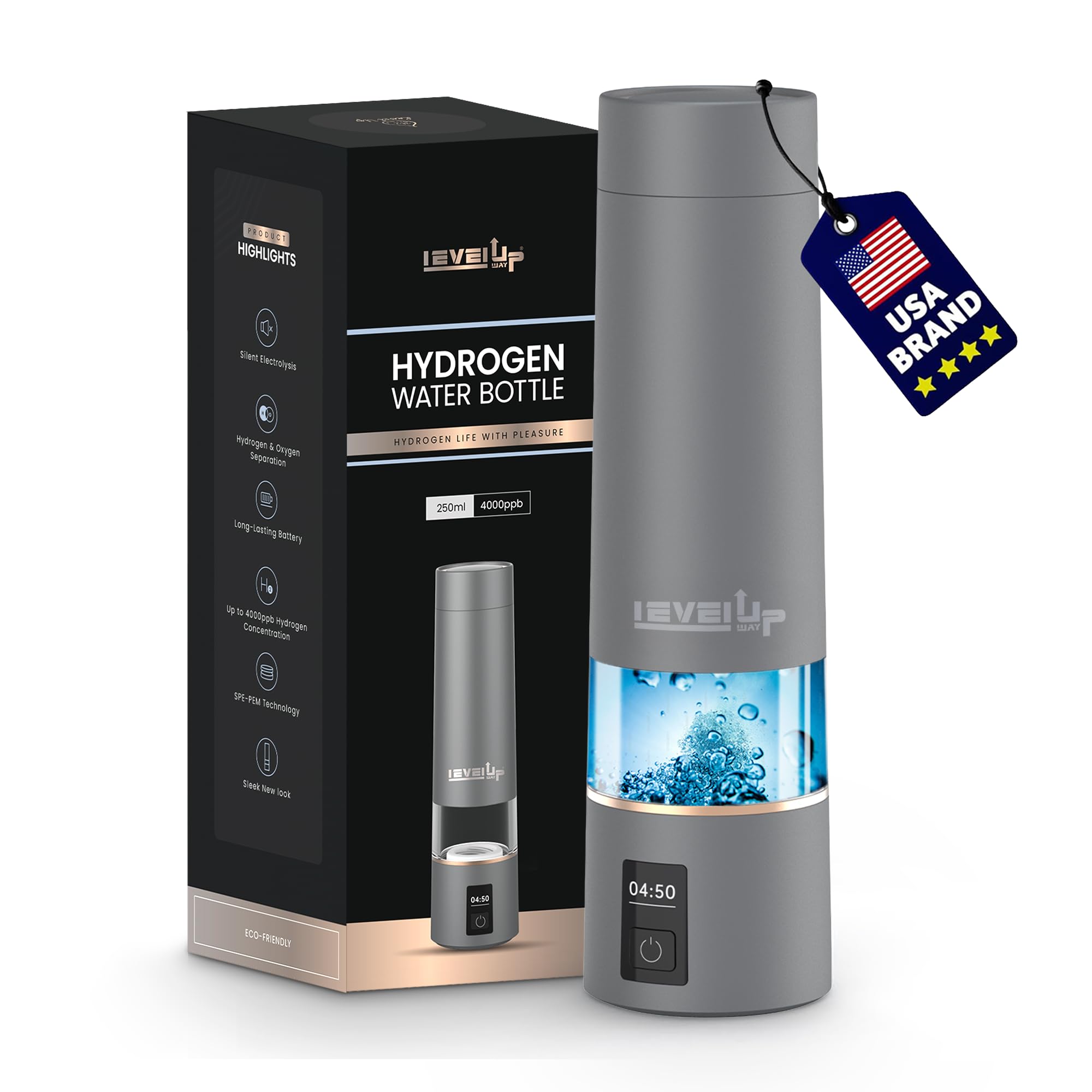 LevelUpWay - Hydrogen Water Bottle Up to 4000PPB SPE PEM Technology Water Ionizer (Borosilicate Glass, Silver)