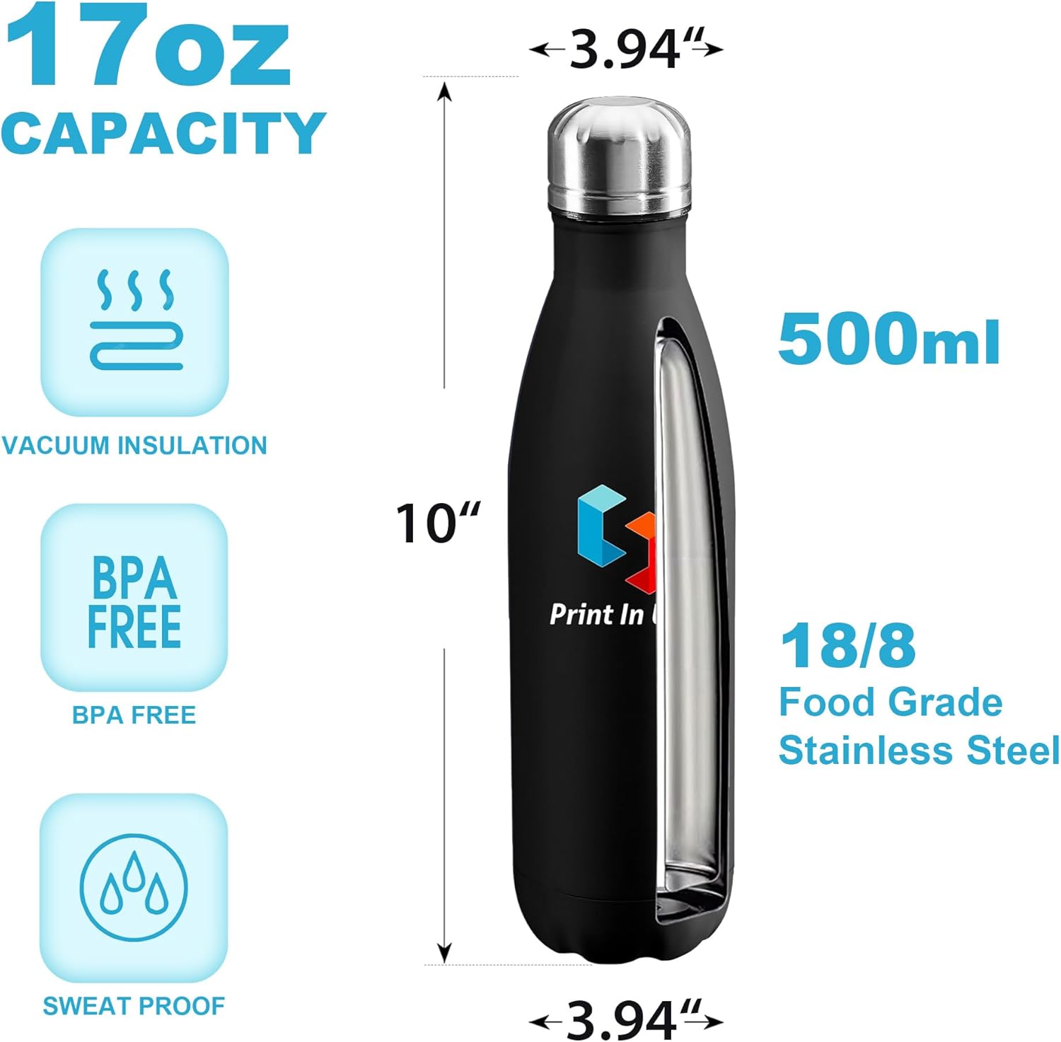 Personalized Custom Print in USA Water Bottles 25Pcs 17oz Stainless Steel Double Wall Insulated Leakproof Cups for Sports Outdoors With Colorful Text Logo