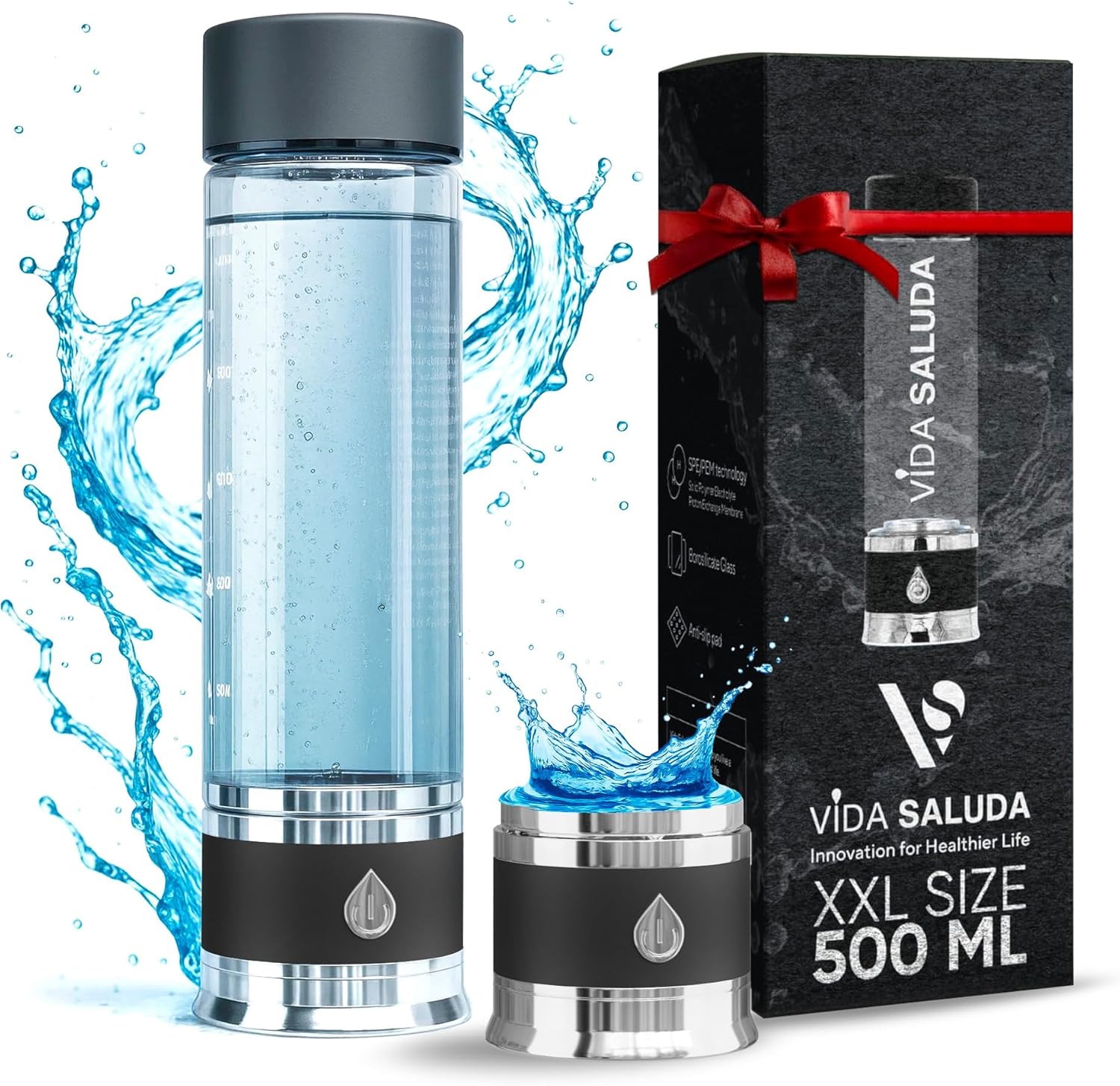 Ionized Hydrogen Rich Water Bottle with Generator in 3 Mins, USB Rechargeable Portable Glass Bottle with Advanced SPE PEM Technology for Gym, Office, Travel & Workout | 500ml | Black