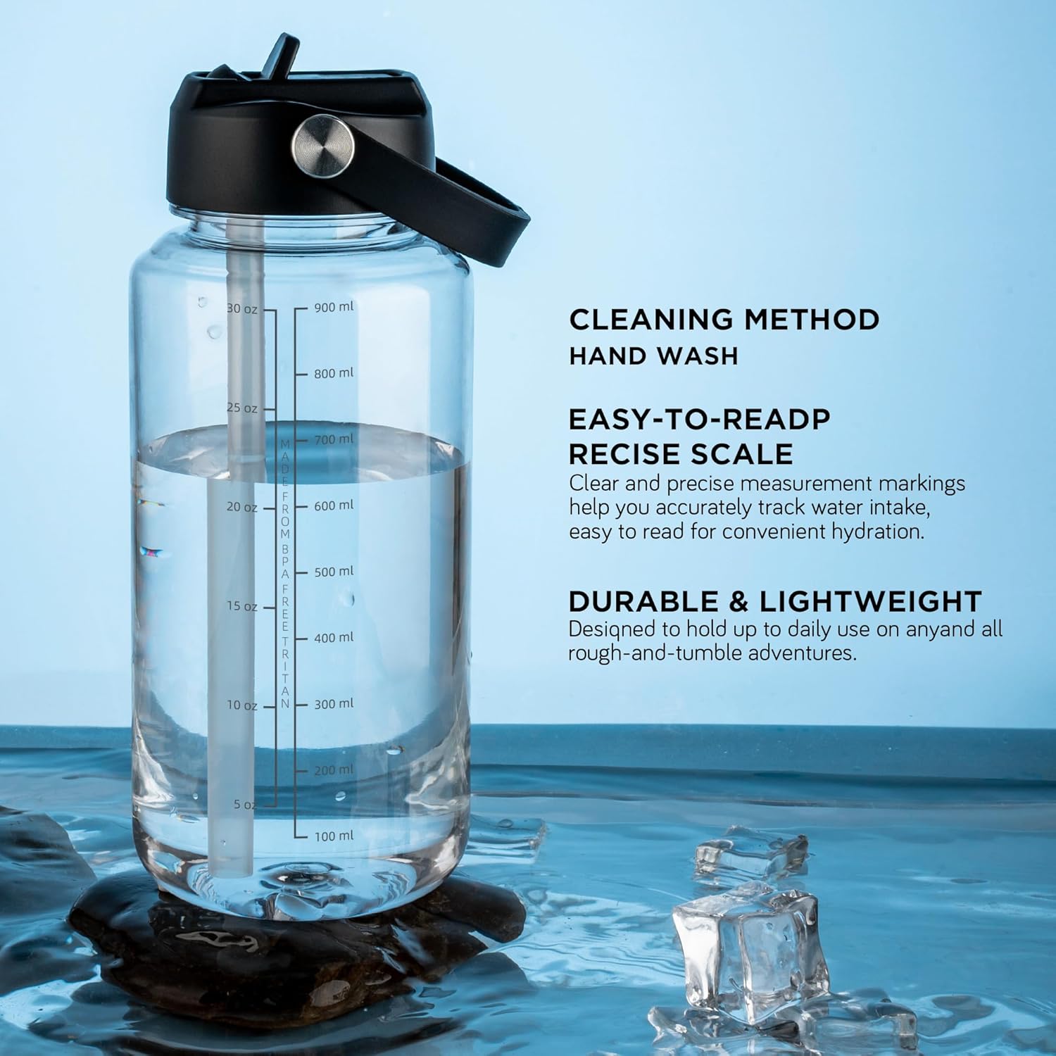 OLDLEY 32 oz Clear Water Bottle with Straw,Tritan BPA-Free, Wide Mouth, Leak Proof - for Gym, Travel, Home, School, Office (Clear)