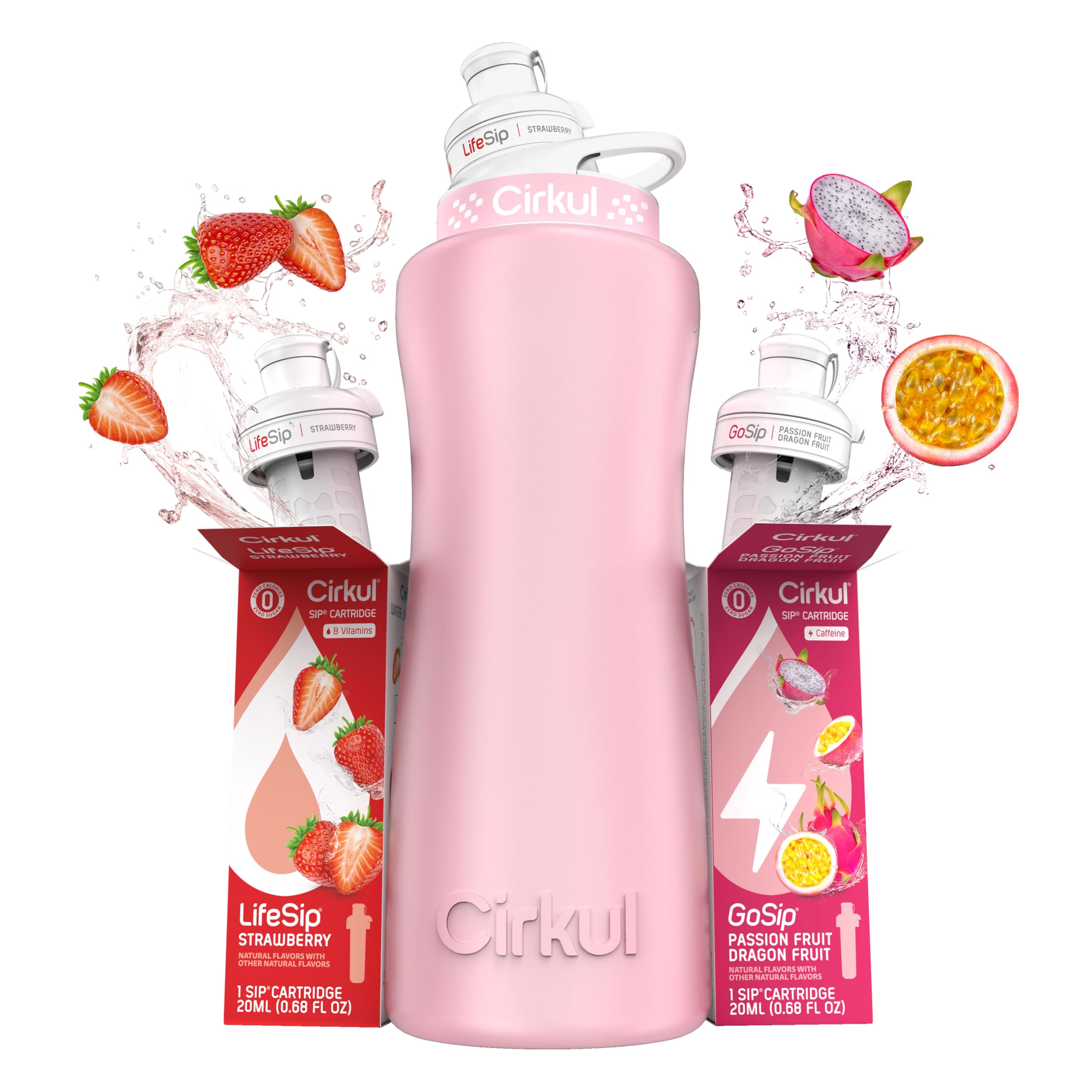 Cirkul 32oz. Rose Gold Stainless Steel Water Bottle Starter Kit with Rose Gold Lid and 2 Flavor Cartridges (1 LifeSip Strawberry, 1 GoSip Passion Fruit Dragon Fruit) No Sugar, Zero Calorie Drink Mix