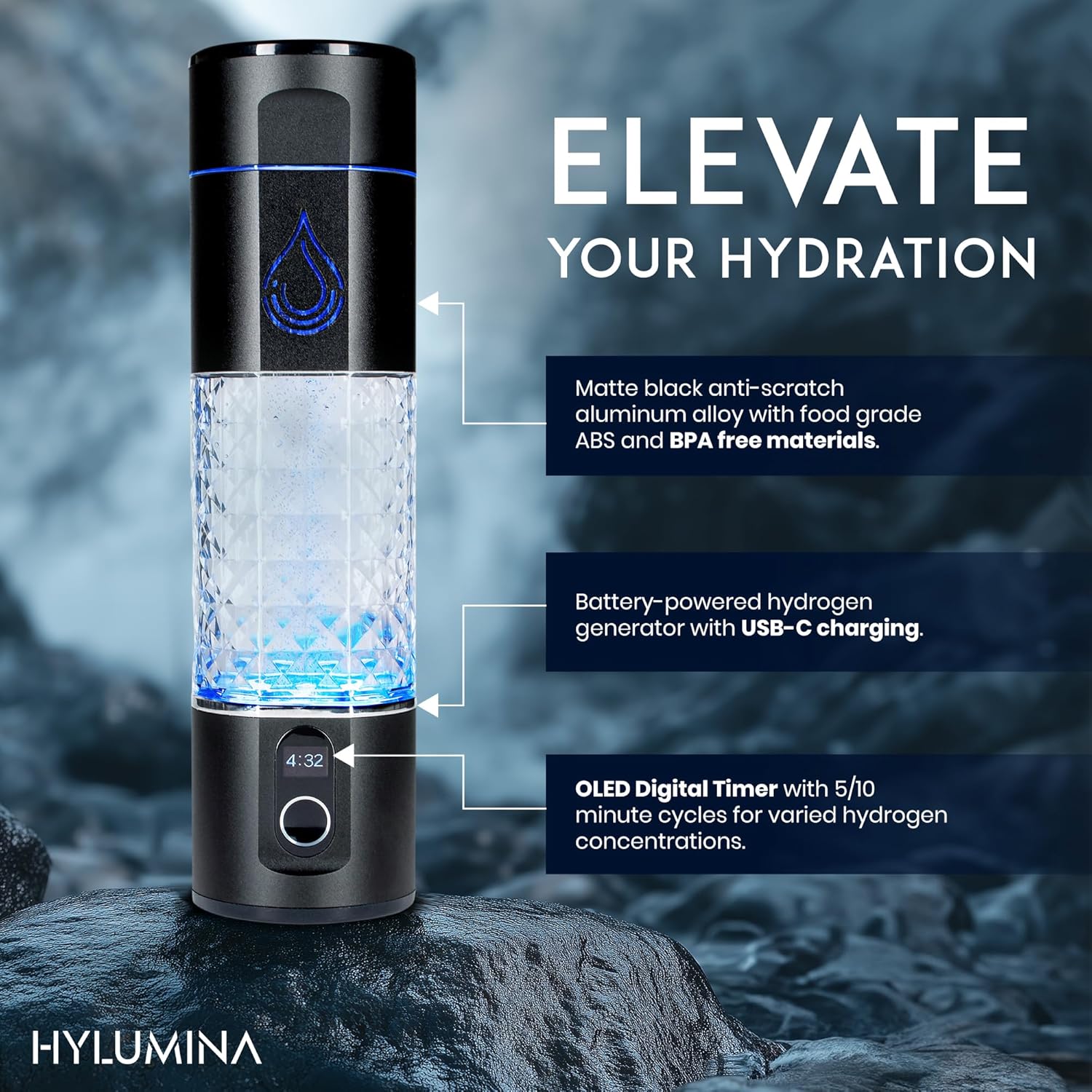 Hydrogen Water Bottle Generator - Up to 6400ppb of Hydrogenated Water Per Cycle - SPE/PEM Tech - 9.5OZ Food Grade ABS Hydrogen Water Generator - Gift Bottles for Family, Athletes, Travel