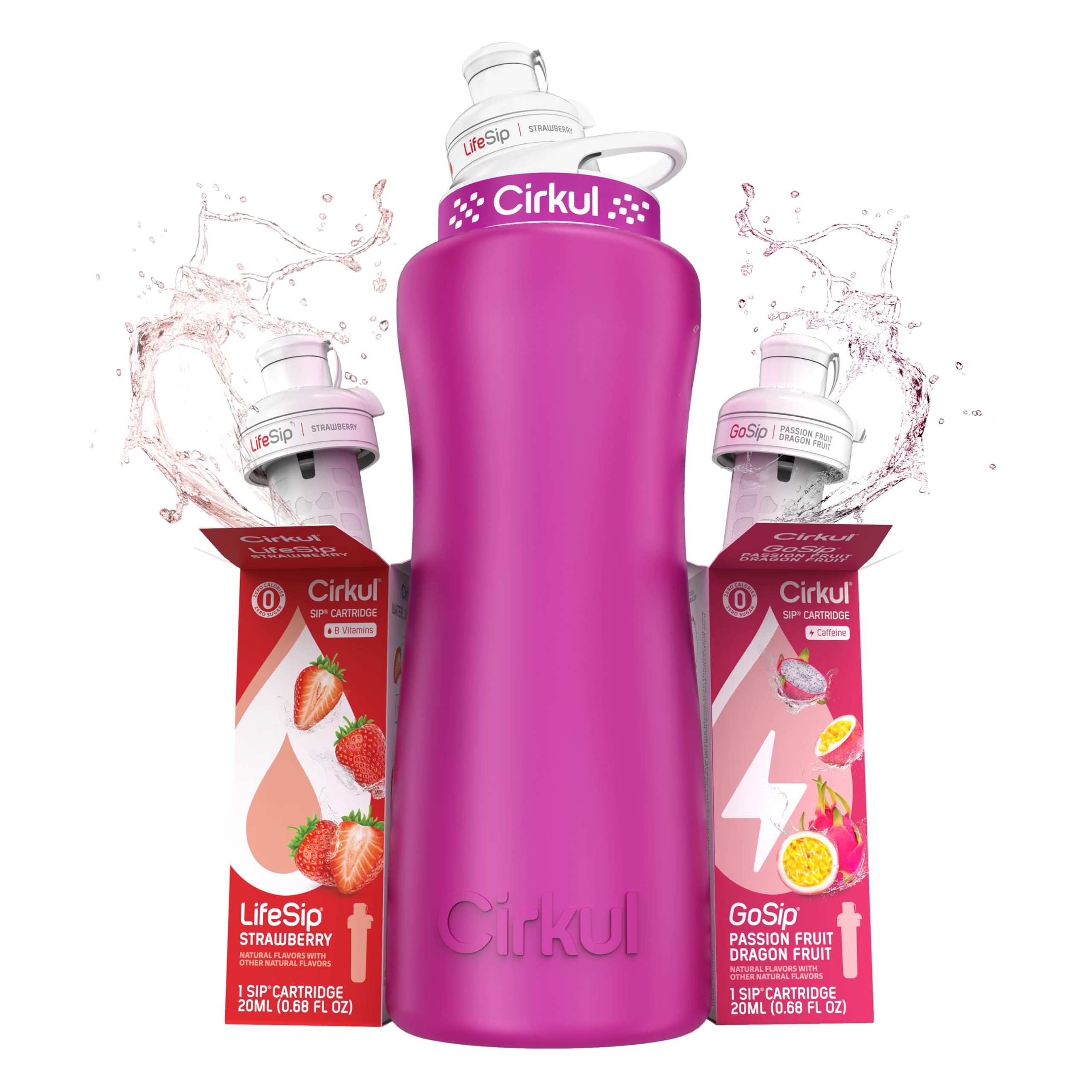 Cirkul 32oz. Rose Gold Stainless Steel Water Bottle Starter Kit with Rose Gold Lid and 2 Flavor Cartridges (1 LifeSip Strawberry, 1 GoSip Passion Fruit Dragon Fruit) No Sugar, Zero Calorie Drink Mix